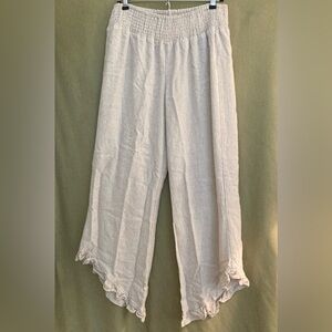 Cream Wide-Leg Elastic Waist Asymmetrical Ruffle Hem Pants Size M